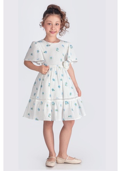 Şile Bezi Volan Kollu Çiçekli Kız Çocuk Elbisesi - Mavi indirimleri