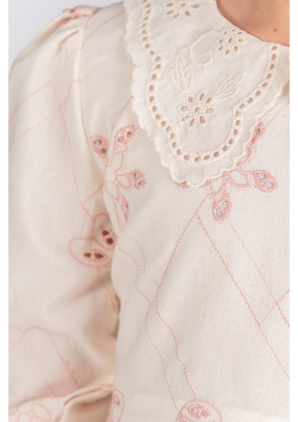 Fisto Yakalı Çantalı Uzun Kollu Kız Çocuk Brode Elbise - Pudra modelleri