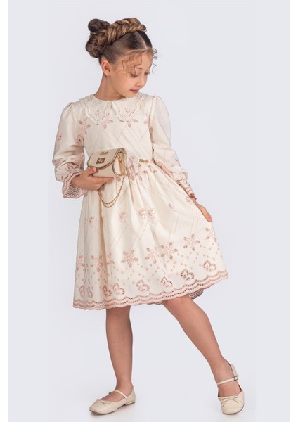 Fisto Yakalı Çantalı Uzun Kollu Kız Çocuk Brode Elbise - Pudra indirimleri