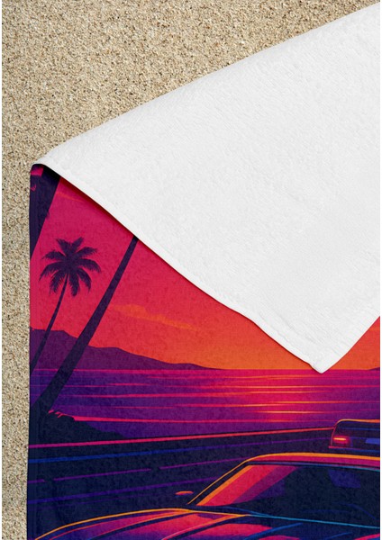 Retro Sunset Palmiye ve Araba Desenli Plaj Havlusu – Neon Yaz Teması