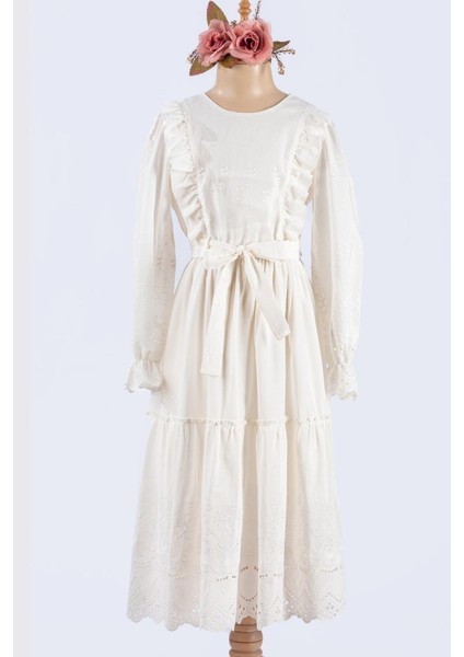 Çiçek Nakışlı Brode Uzun Kollu Boydan Kız Çocuk Elbisesi - Ekru