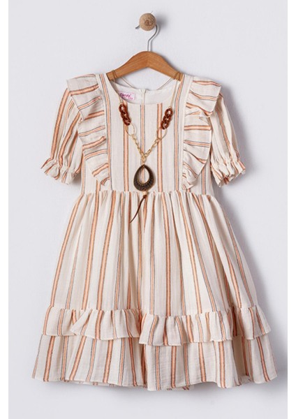 Kolyeli %100 Pamuk Müslin Kumaş Kısa Kollu Kız Çocuk Elbise - Krem/turuncu