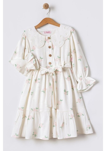 Fisto Yakalı Bürümcük Kumaş Uzun Kollu Kız Çocuk Gömlek Elbise - Pembe