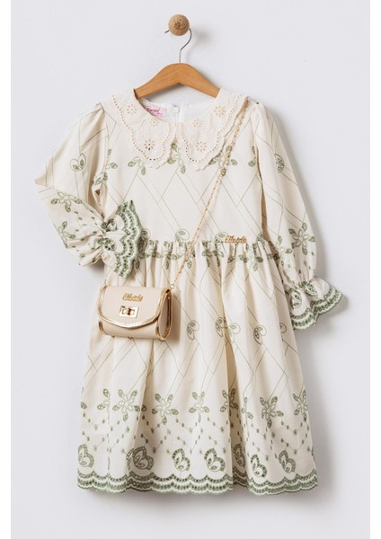 Fisto Yakalı Çantalı Uzun Kollu Kız Çocuk Brode Elbise - Haki