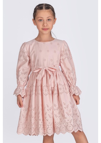 Çiçek Nakışlı Uzun Kollu Kız Çocuk Brode Elbise - Pudra