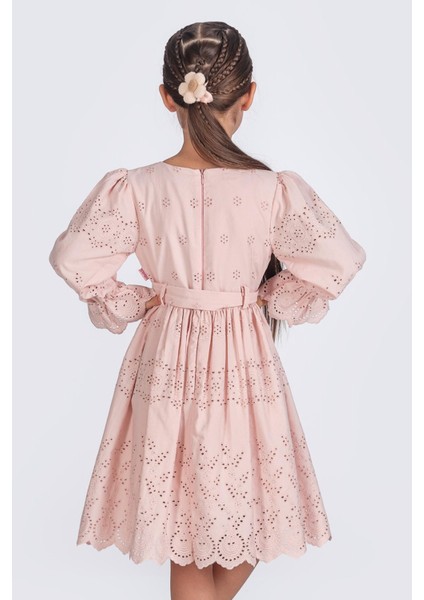 Çiçek Nakışlı Uzun Kollu Kız Çocuk Brode Elbise - Pudra fiyatları