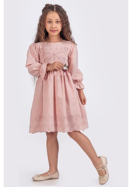 Kelebek Nakışlı Uzun Kollu Kız Çocuk Brode Elbise - Pudra