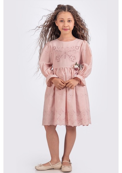 Kelebek Nakışlı Uzun Kollu Kız Çocuk Brode Elbise - Pudra fiyatları