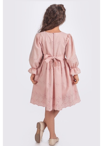 Kelebek Nakışlı Uzun Kollu Kız Çocuk Brode Elbise - Pudra modelleri