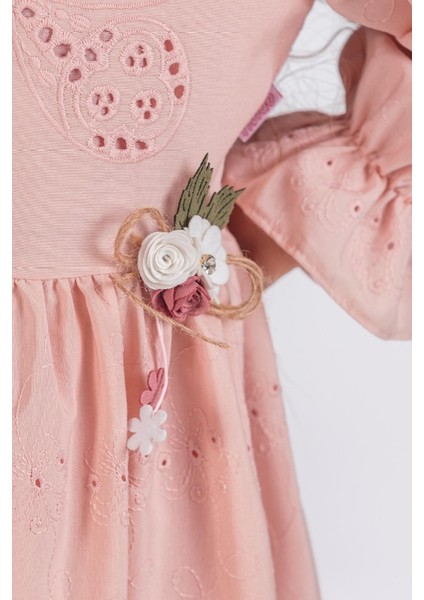 Kelebek Nakışlı Uzun Kollu Kız Çocuk Brode Elbise - Pudra fırsatları