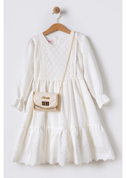Çantalı Örme Detaylı Uzun Kollu Kız Çocuk Brode Elbise - Ekru