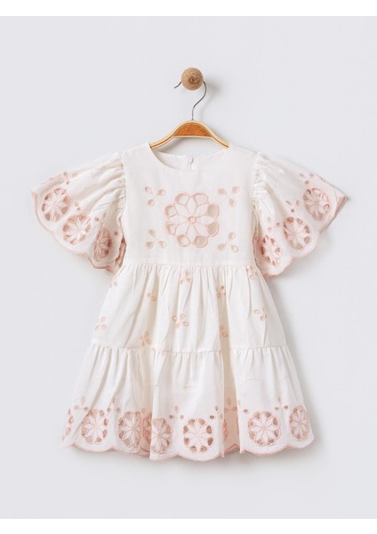 Kısa Volan Kollu Çiçek Nakışlı Kız Çocuk Brode Elbise - Ekru Pembe
