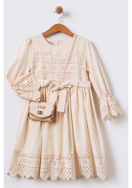 Şerit Fistolu Uzun Kollu Kız Çocuk Brode Elbise - Bej