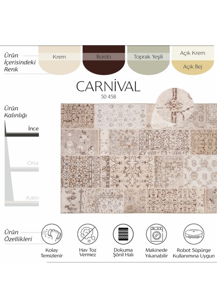 Carnival Bej Halı Etnik Desenli Otantik Halı Dokuma Şönil Yıkanabilir Eskitme Vintage Mutfak Halısı fiyatları