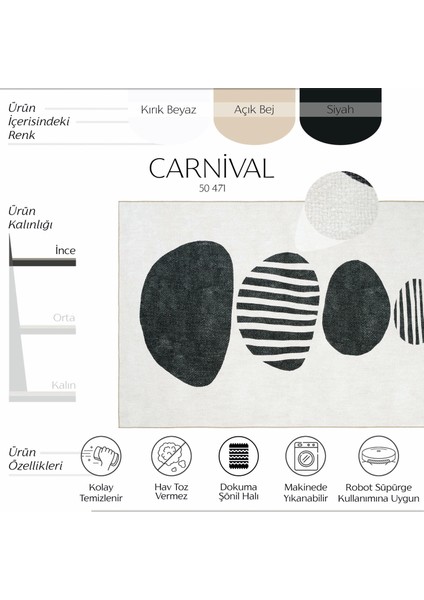 Carnival Siyah Beyaz Halı Yolluk Soyut Desenli Dokuma Şönil Halı Yıkanabilir Mutfak Halısı