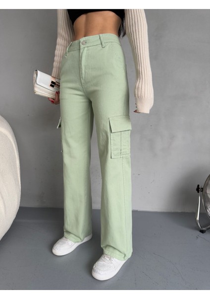 Kadın Kargo Cepli Yüksek Bel Wide Leg jeans