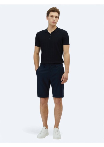 Lacivert Düz Dokuma Slim Fit Casual Pamuk Karışımlı Bermuda