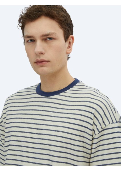 Ekru Çizgili Bisiklet Yaka Pamuk T-Shirt modelleri