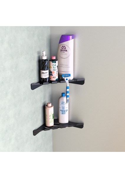 Metal Banyo Köşe Rafı Ikili Çift Katlı Modern Duş Köşeliği Siyah Vidalı