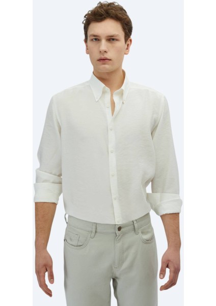Beyaz Regular Fit Dokuma Casual Gömlek