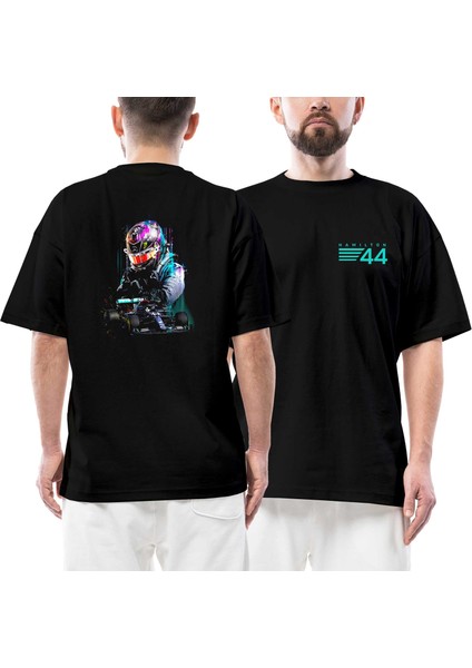 F1 Lewis H. 44 Ön Arka Baskılı Siyah Oversize Tişört
