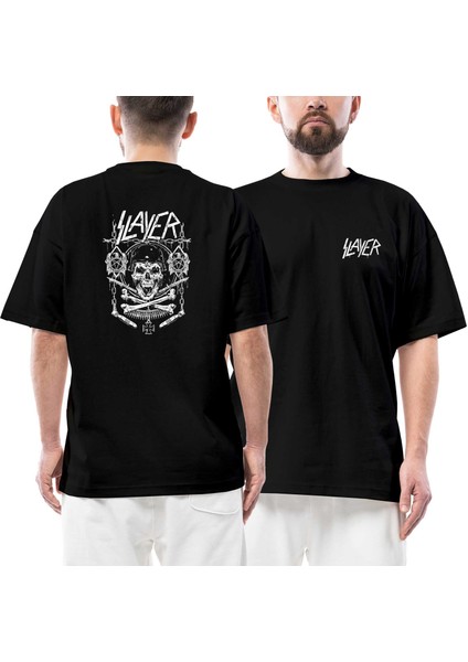 Slayer Gun And Chain Ön Arka Baskılı Siyah Oversize Tişört