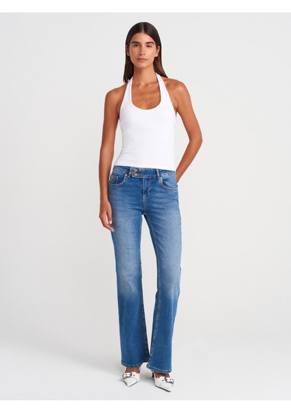 71971 Kalın Kemerli Bootcut Denim Pantolon-Mavi
