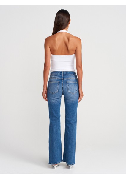 71971 Kalın Kemerli Bootcut Denim Pantolon-Mavi fiyatları