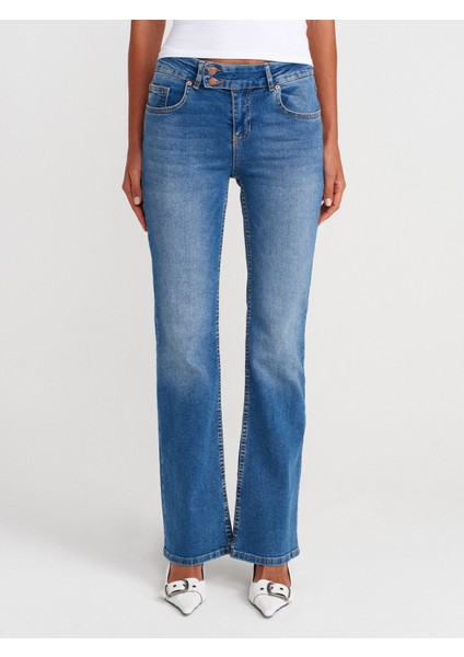 71971 Kalın Kemerli Bootcut Denim Pantolon-Mavi fırsatları