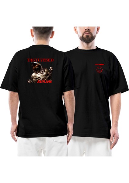 Disturbed Asylum Ön Arka Baskılı Siyah Oversize Tişört