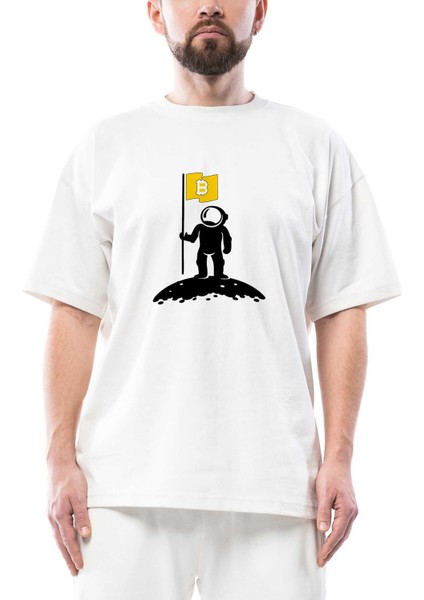 Bitcoin Kripto Para Astronot Oversize Beyaz Tişört