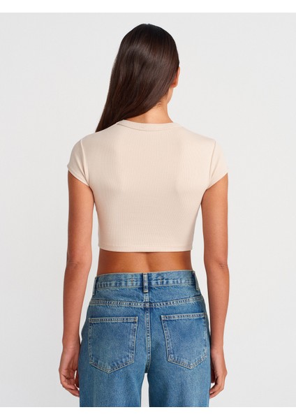 31810 Bisiklet Yaka Crop T-Shirt-Bej fiyatları