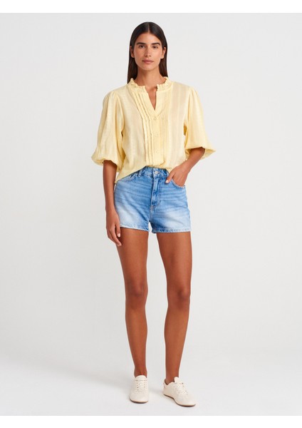 71974 Taşlanmış Mom Denim Şort-Mavi