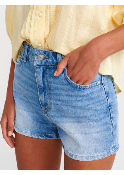 71974 Taşlanmış Mom Denim Şort-Mavi modelleri