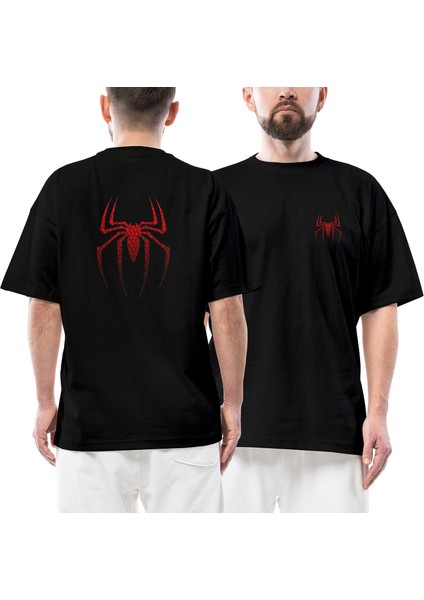 Suit Spiderman Ön Arka Baskılı Siyah Oversize Tişört