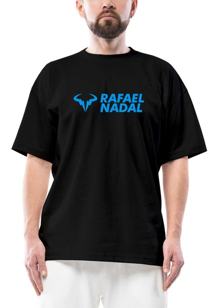 Rafael Nadal Blue Logo Text Oversize Siyah Tişört