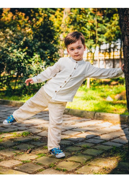 Erkek Müslin Kumaş Gömlek Keten Pantolon Ikili Takım