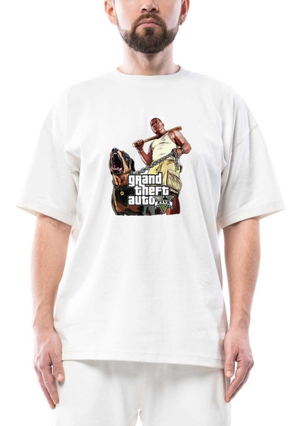 Grand Theft Auto Five Dog And Man Oversize Beyaz Tişört