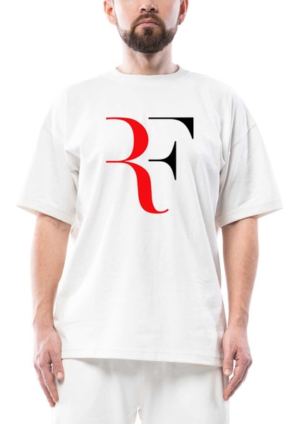 Roger Federer Colored Logo Oversize Beyaz Tişört