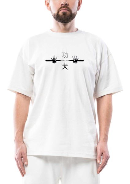 Kung Fu Nunchaku Oversize Beyaz Tişört
