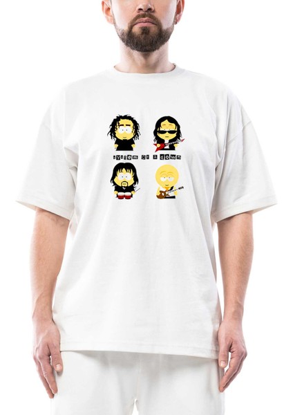 System Of A Down Cartoon Oversize Beyaz Tişört