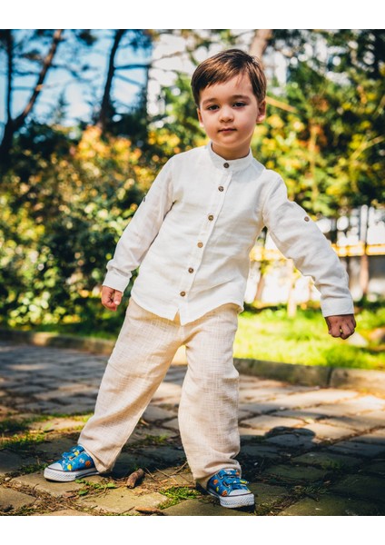 Erkek Müslin Kumaş Gömlek Keten Pantolon Ikili Takım
