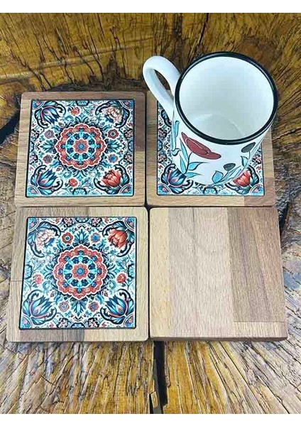 Gül Bahçesi Motifli Ahşap Bardak Altlığı Takımı fiyatları