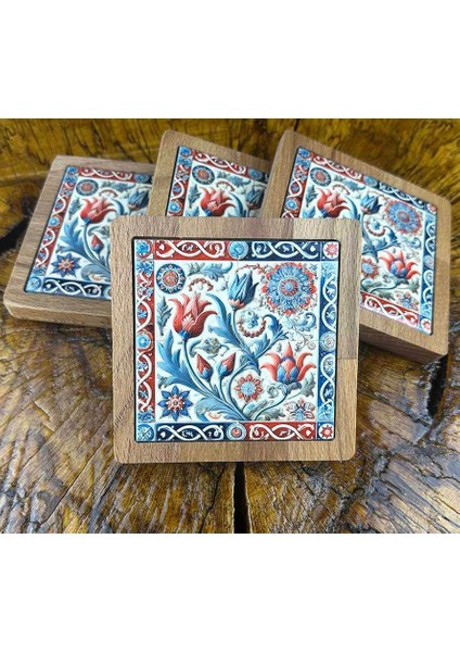 Gül Bahçesi Motifli Ahşap Bardak Altlığı Takımı