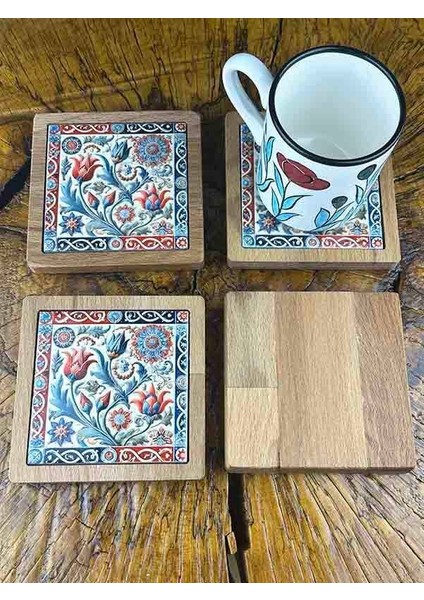 Gül Bahçesi Motifli Ahşap Bardak Altlığı Takımı fiyatları