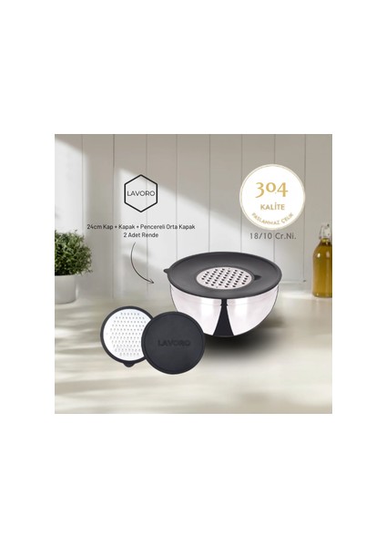 5 Parça Rendeli Saklama ve Karıştırma Kabı 24CM - 18/10 Cr.ni - 304 Çelik