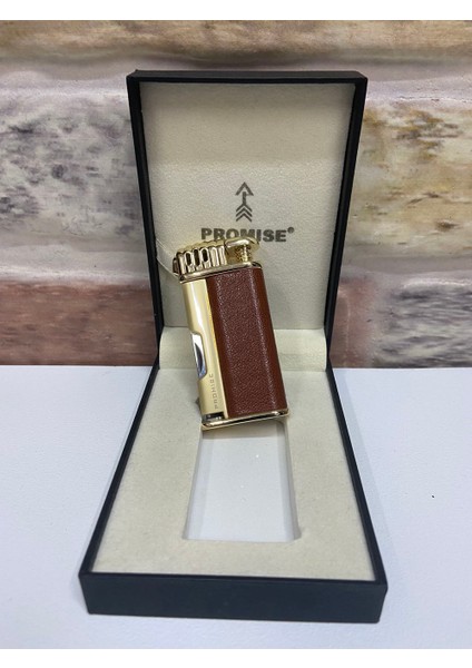 Promise Marka Sarı Gold Kahverengi Fonksyonel ve Deri Desenli Gazlı Kişiye Özel Çakmak