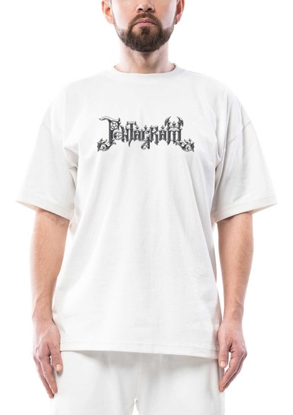 Pentagram Text Oversize Beyaz Tişört