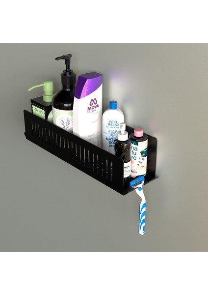 Modern Banyo Duş Rafı, Metal, 37X10 Cm, Siyah, Şampuan ve Traş Bıçağı ve Diş Fırçası Tutuculu