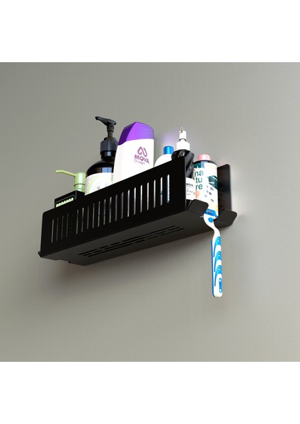 Modern Banyo Duş Rafı, Metal, 37X10 Cm, Siyah, Şampuan ve Traş Bıçağı ve Diş Fırçası Tutuculu indirimleri
